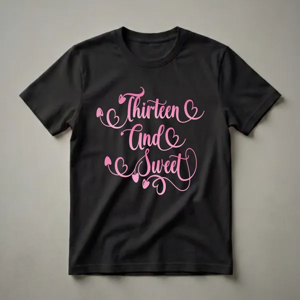 A black t-shirt graphic featuring the words "Thirteen And Sweet" in a pink gradient script font, decorated with small hearts and decorative swirls.