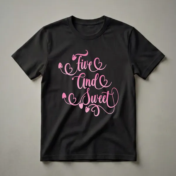 A black t-shirt featuring the phrase 'Five and Sweet' in a pink gradient, flowing script font, adorned with small heart embellishments.
