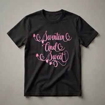 Seventeen and Sweet Pink Script 17th Birthday T-Shirt for Girls