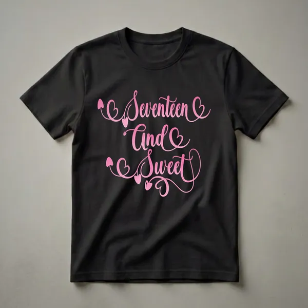 Black t-shirt with pink gradient text that reads 'Seventeen And Sweet' and features decorative hearts.
