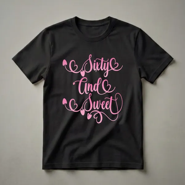 Black t-shirt with pink script text that reads "Sixty And Sweet" and decorative hearts and swirls.