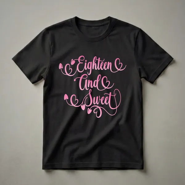 Pink "Eighteen and Sweet" calligraphy graphic tee with heart accents on a black background.