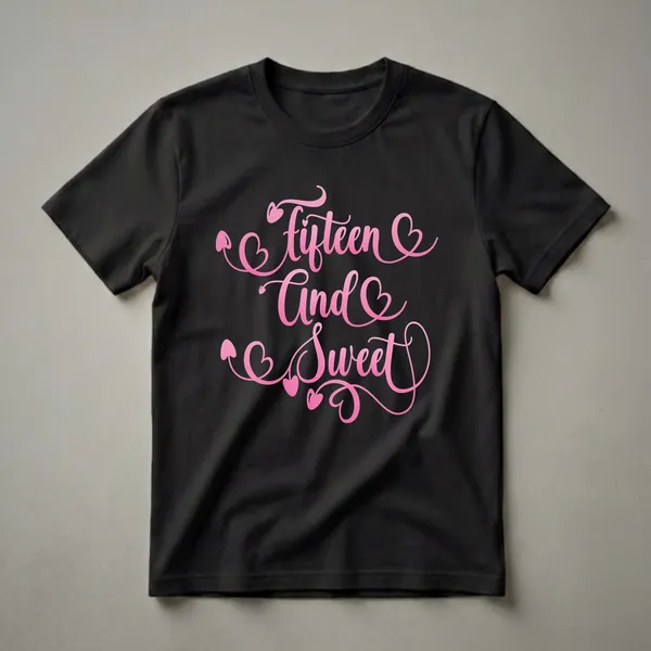 Pink gradient script text reading 'Fifteen And Sweet' with decorative hearts and swirls, presented on a black background.