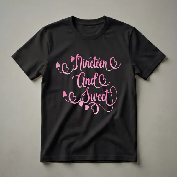 A black t-shirt featuring the phrase 'Nineteen And Sweet' in pink gradient calligraphy with decorative heart accents and swirls.