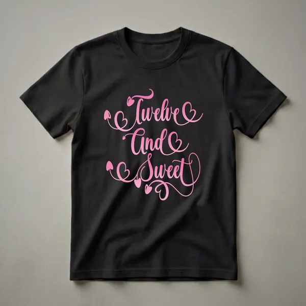 Pink script text graphic on a black t-shirt reads 'Twelve And Sweet' with decorative hearts and swirls.