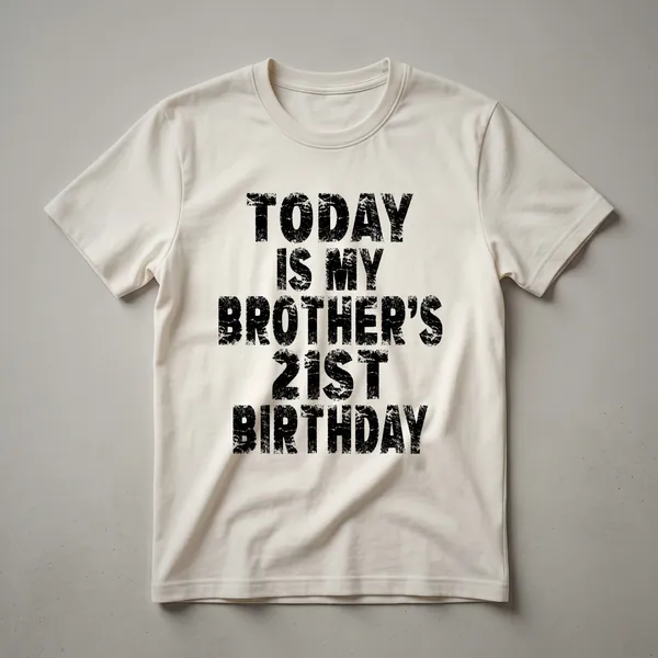 Black t-shirt with white text that reads 'Today Is My Brother's 21st Birthday' and celebratory graphics.