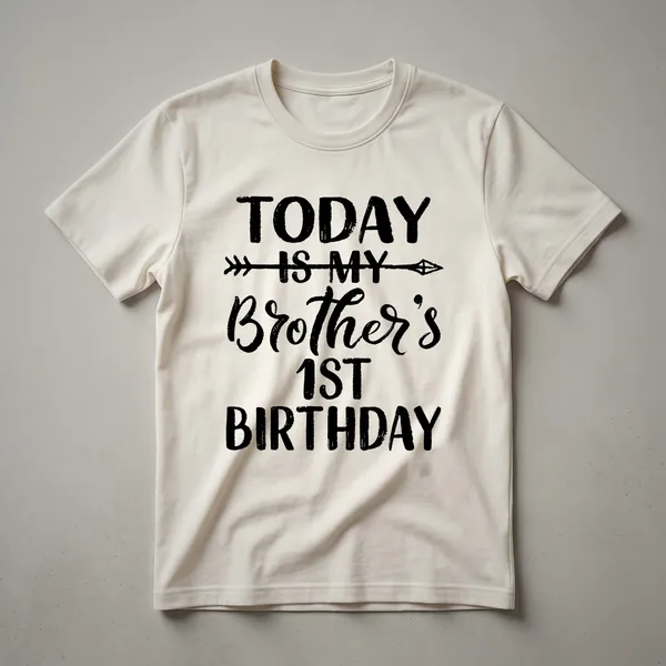 White graphic t-shirt with a cartoon bear wearing a party hat and holding a balloon, with text celebrating a brother's first birthday.