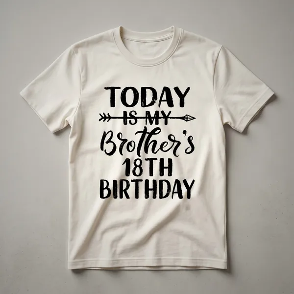 Black t-shirt with white text that reads 'Today Is My Brother's 18th Birthday' and a graphic.