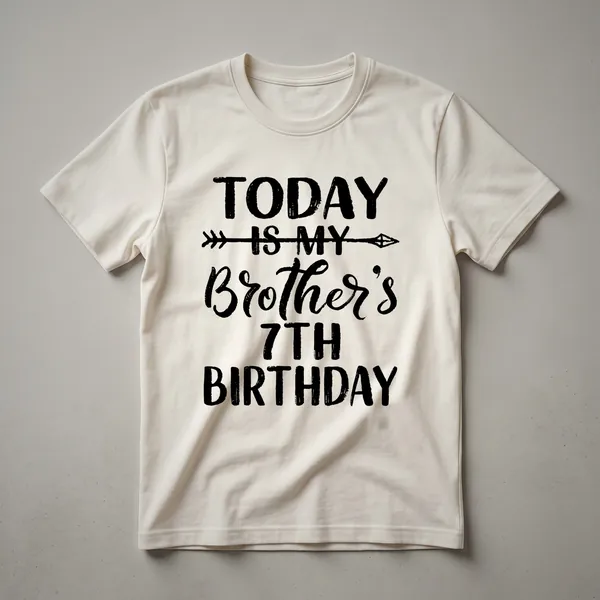White graphic t-shirt with a distressed number 7, stars, and dots, and text reading 'Today Is My Brother's Birthday Party Idea For Boy'.