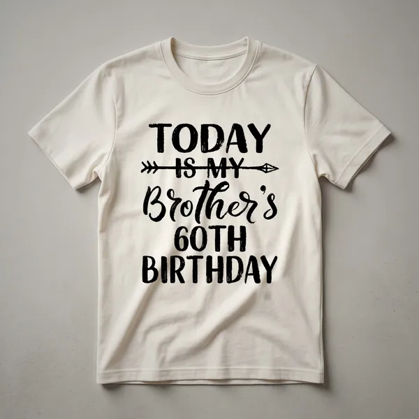 Black graphic t-shirt with bold, distressed white lettering that reads 'Today Is My Brother's 60th Birthday Party Idea For Him'.