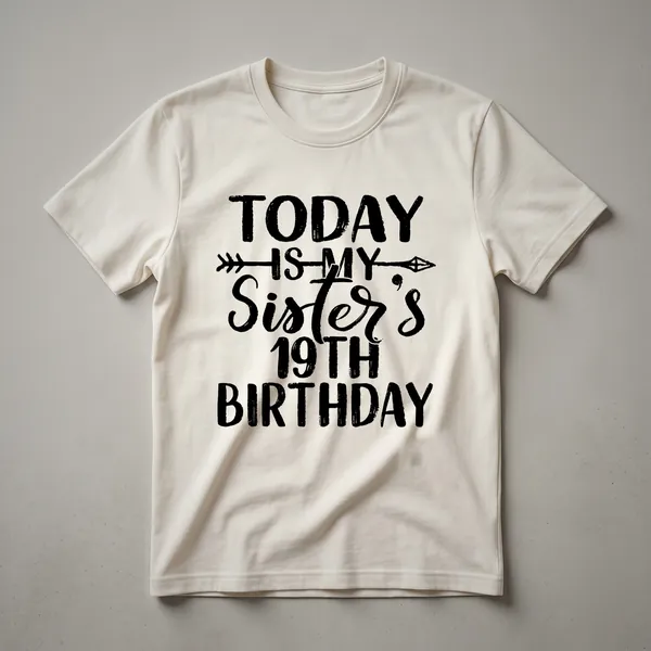 Black t-shirt with white text that reads 'Today Is My Sister's 19th Birthday', a celebratory graphic tee for a 19-year-old sister.