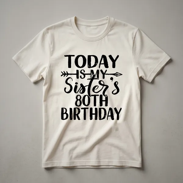 White graphic t-shirt with bold, retro-style text that reads 'Today Is My Sister's 80th Birthday Party Idea For Her'.