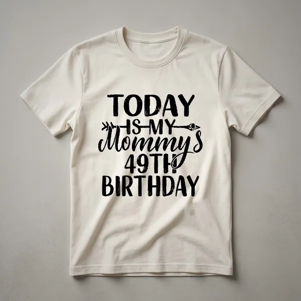 White graphic t-shirt with black text that reads 'Today Is My Mommy's 49th Birthday'.