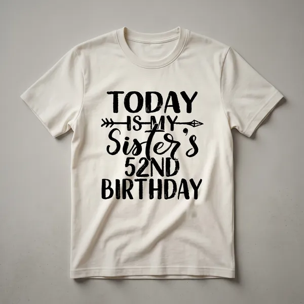 Black graphic t-shirt with white distressed text that reads 'Today Is My Sister's 52nd Birthday'.