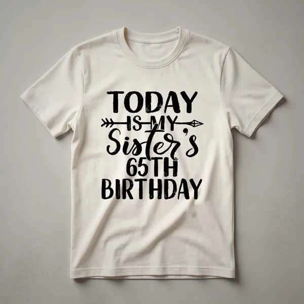 White graphic t-shirt with black vintage retro text that reads '65th Birthday Sister'.