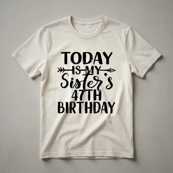 A black graphic t-shirt with the text 'Today Is My Sister's 47th Birthday' printed in white.
