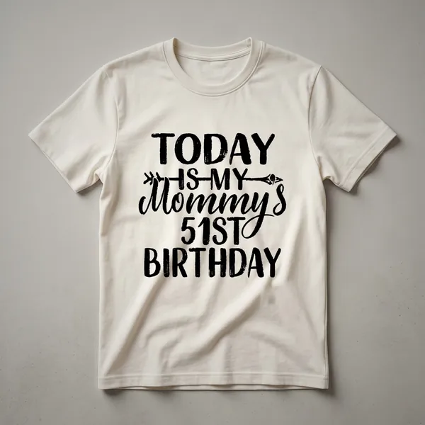 White graphic t-shirt with black text that reads 'Today Is My Mommy's 51st Birthday'.