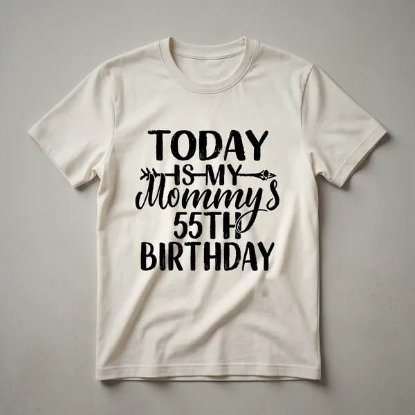Black t-shirt with bold white text that reads 'Today Is My Mommy's 55th Birthday', a clear statement for a 55th celebration.