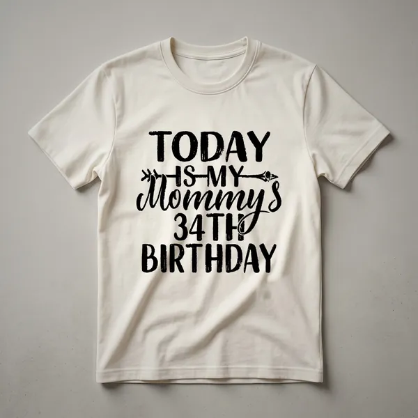 White graphic t-shirt with bold black text that reads 'Today Is My Mommy's 34th Birthday'.