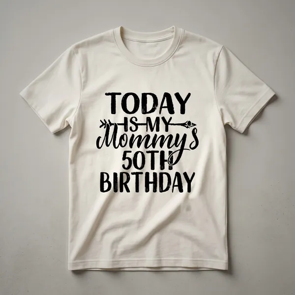 White graphic t-shirt with black text that reads 'Today Is My Mommy's 50th Birthday'.