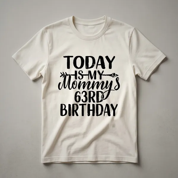White graphic t-shirt with black text that reads 'Today Is My Mommy's 63rd Birthday'.