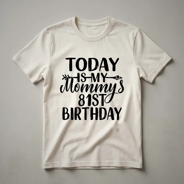 White graphic t-shirt with black text that reads 'Today Is My Mommy's 81st Birthday'.