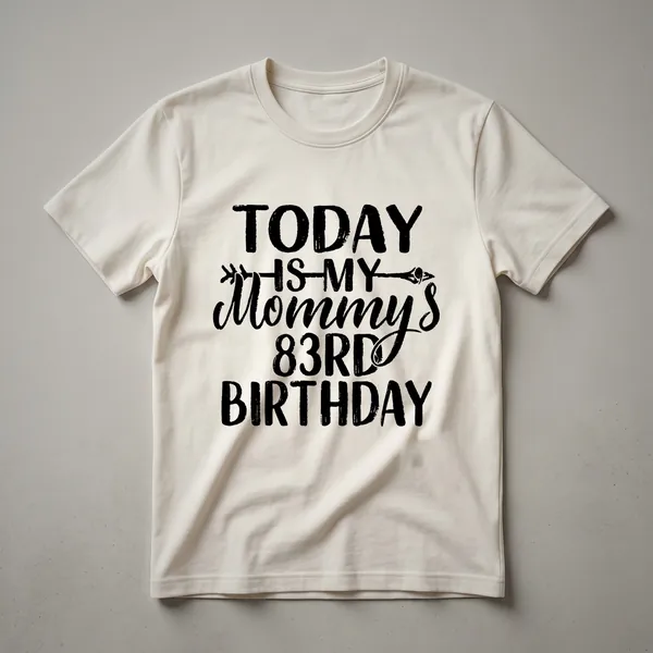 White graphic t-shirt with black text that reads 'Today Is My Mommy's 83rd Birthday'.
