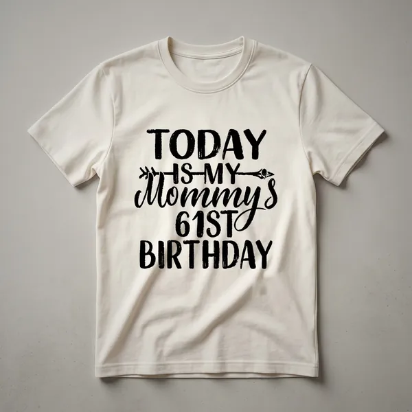 White graphic t-shirt with black text that reads 'Today Is My Mommy's 61st Birthday'.