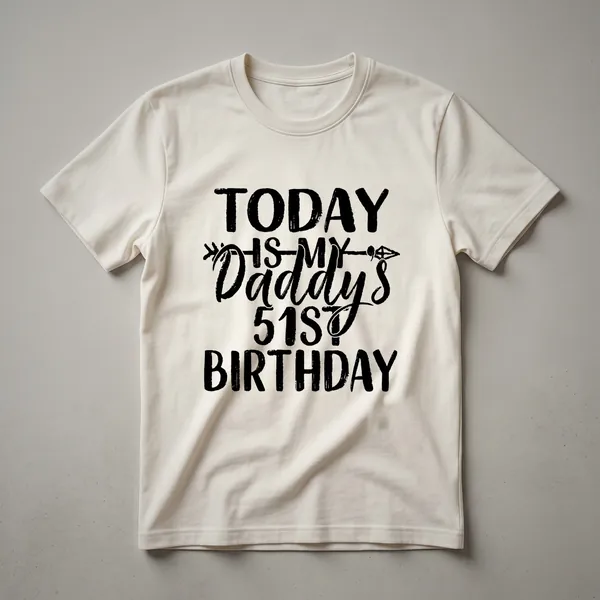 Black graphic t-shirt with bold, distressed white text that reads 'Today Is My Daddy's 51st Birthday Party Idea For Dad'.