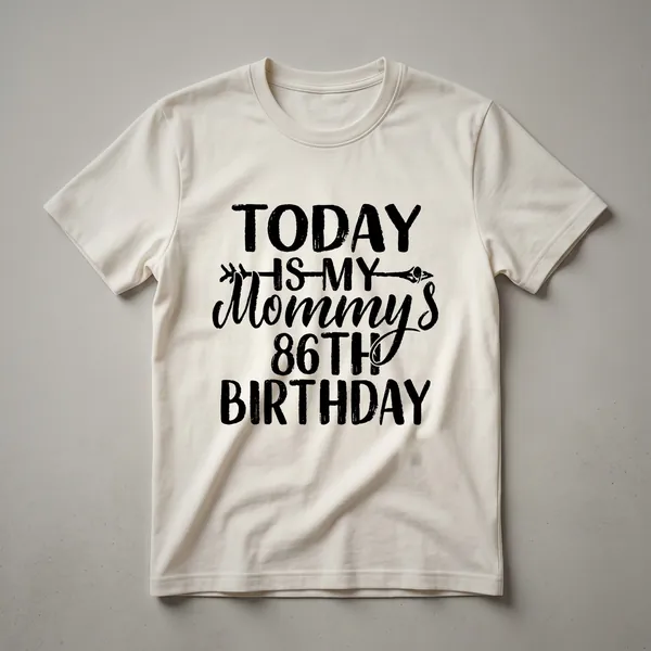 White graphic t-shirt with black text that reads 'Today Is My Mommy's 86th Birthday'.