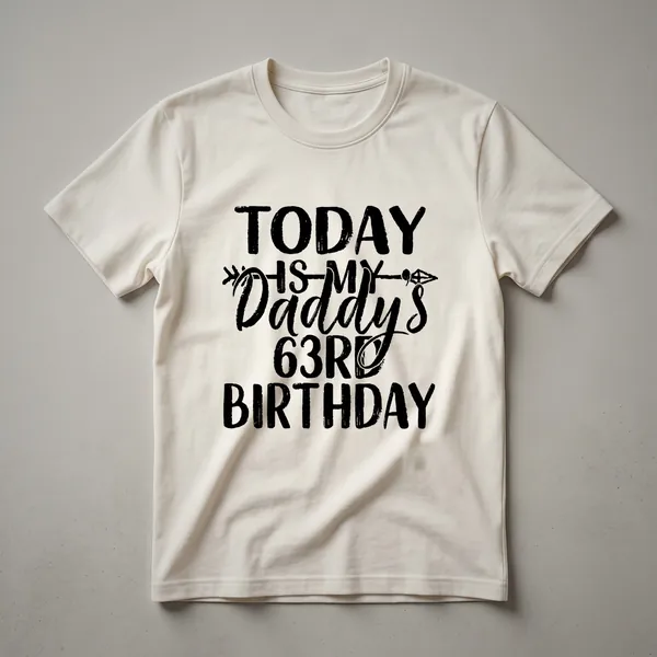 Black graphic t-shirt with distressed white text that reads 'Today Is My Daddy's 63rd Birthday'.
