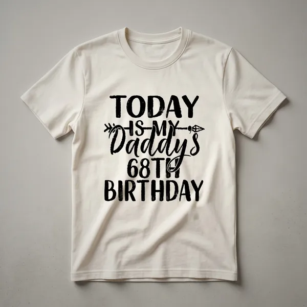 White graphic t-shirt with black distressed text that reads 'Today Is My Daddy's 68th Birthday'.