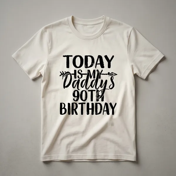 Black graphic t-shirt with distressed white text reading 'Daddy's 90th Birthday'.