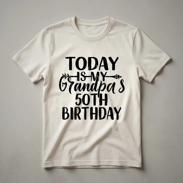 Black graphic t-shirt with bold, distressed white text that reads 'Grandpa's 50th Birthday Party'.