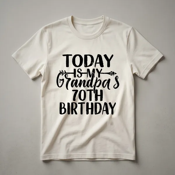 Black t-shirt with bold, distressed white text reading 'Today Is My Grandpa's 70th Birthday'.