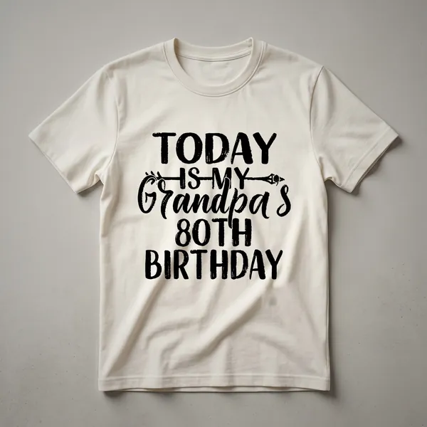 Black graphic t-shirt with distressed white text reading '80' and 'Birthday Grandpa' for an 80th birthday celebration.