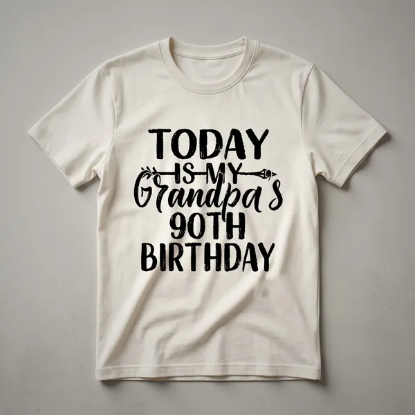 Black t-shirt with bold white text that reads 'Today Is My Grandpa's 90th Birthday', perfect for a milestone celebration.