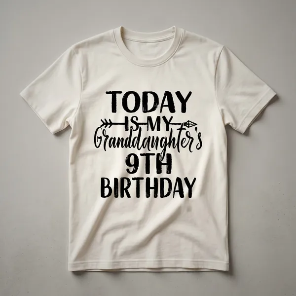 White graphic t-shirt with a large pink number 9 and the text 'Today Is My Granddaughter's Birthday' in a playful font, suitable for a 9-year-old girl.