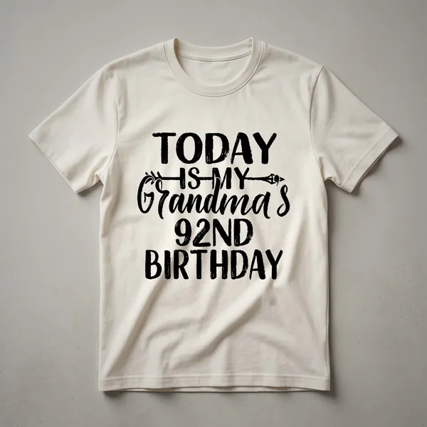 White graphic t-shirt with black text that reads '92nd Birthday Queen' in a decorative font, celebrating a 92nd birthday.