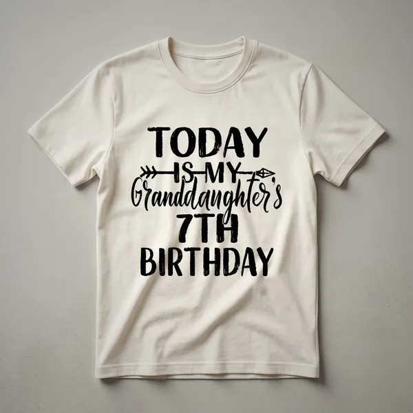 White t-shirt with a pink and purple unicorn graphic, featuring the number 7 and the text 'Today Is My Granddaughter's 7th Birthday'.