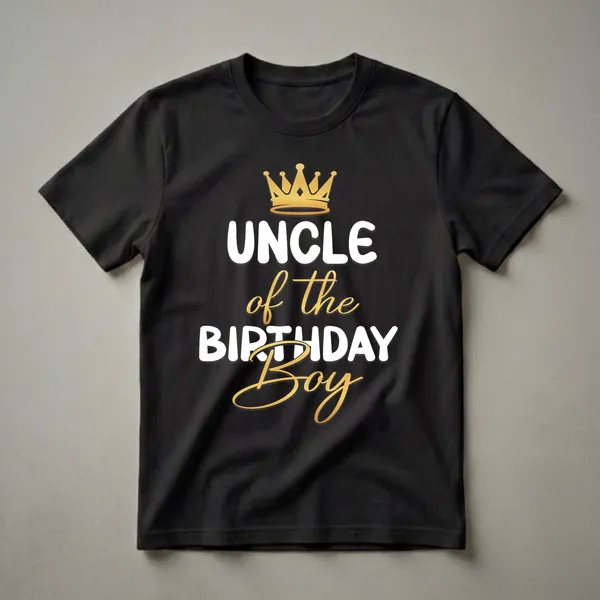 Black t-shirt with white and gold text that reads 'UNCLE of the BIRTHDAY Boy' and a gold crown graphic.