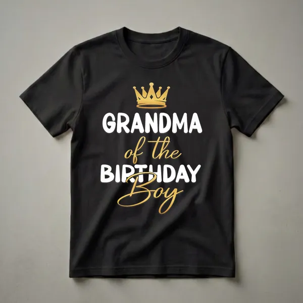 Black t-shirt with white and gold text that reads 'GRANDMA of the BIRTHDAY Boy' and a golden crown graphic.