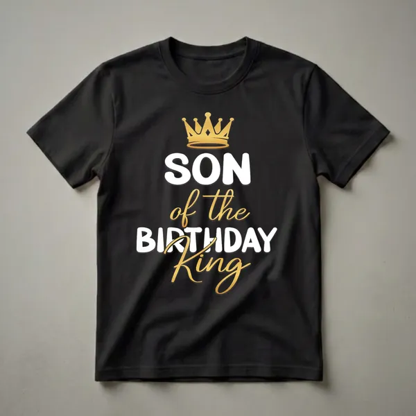 Black t-shirt with white and gold text that reads 'SON of the BIRTHDAY King' and a golden crown graphic.