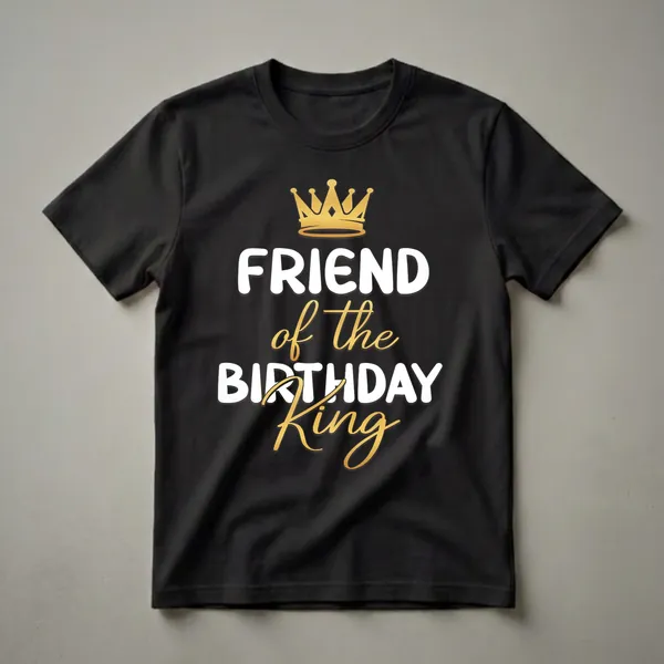 Black graphic t-shirt with a golden crown and white and gold text that reads 'FRIEND of the BIRTHDAY King'.