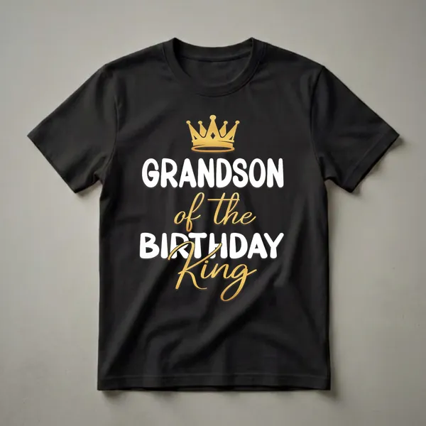 Black graphic t-shirt with white and gold text that reads 'Grandson of the Birthday King' and a golden crown.