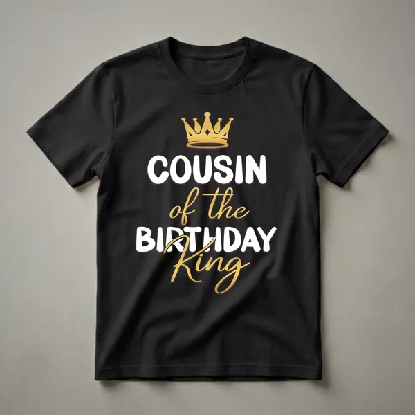 Black t-shirt with white text reading 'COUSIN' and gold script text reading 'of the Birthday King', topped with a golden crown.