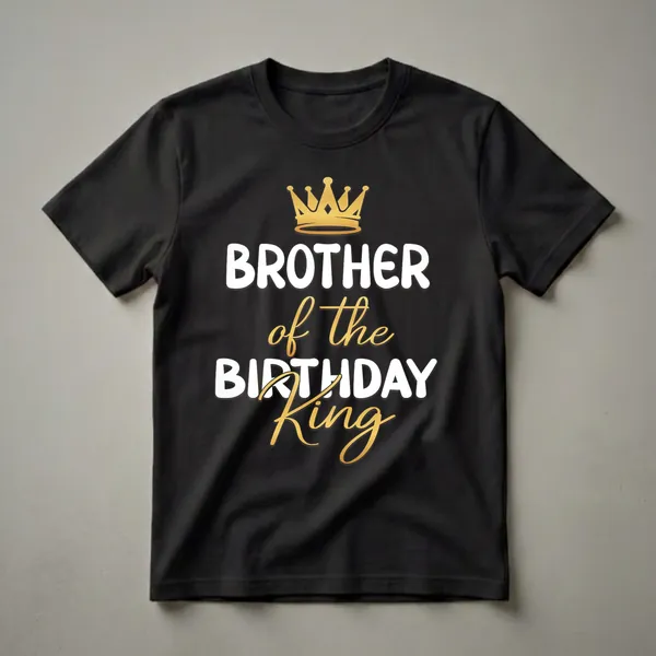 Black t-shirt with white and gold text that reads 'BROTHER of the BIRTHDAY King' and a golden crown graphic.