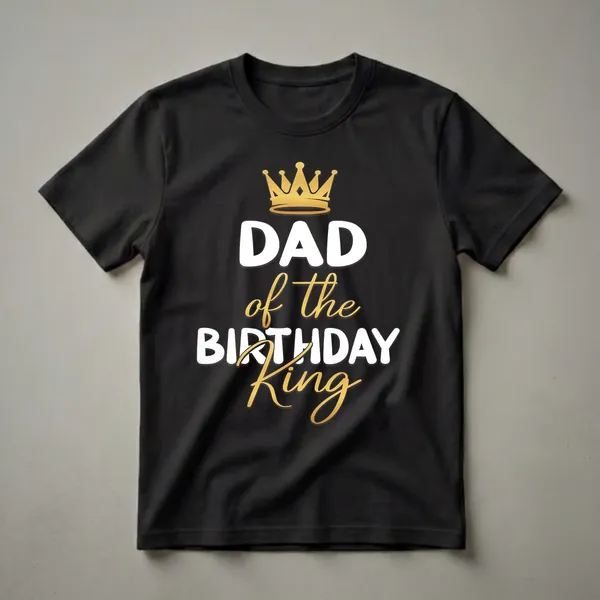 Black t-shirt with white and gold text that reads 'DAD of the BIRTHDAY King' and a golden crown graphic.