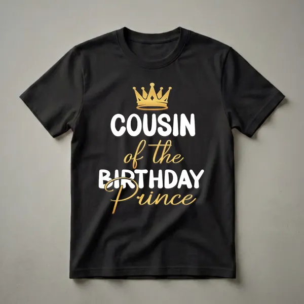 Black t-shirt with a golden crown graphic and white and gold text that reads 'COUSIN of the BIRTHDAY Prince'.
