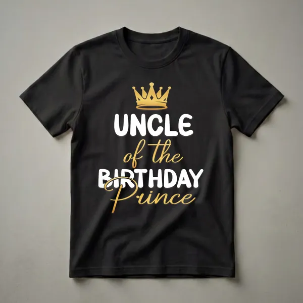 Black t-shirt with white and gold text that reads 'UNCLE of the BIRTHDAY Prince' and a gold crown graphic.